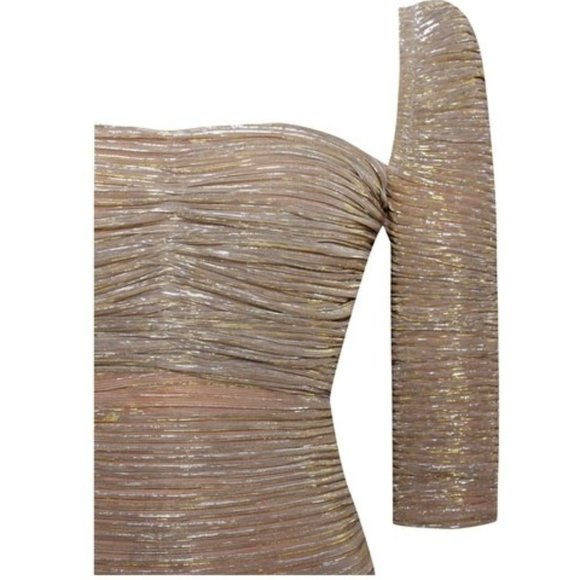 Callie Lives Xena Ruched Gold Stretch Chiffon Sweetheart Split Maxi TUBE Dress L - Picture 10 of 11